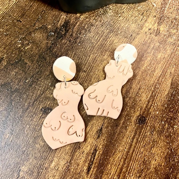 Handmade Clay Earrings | Forms of a Woman Silhouette | Pink Imperfect Pair - Picture 4 of 7